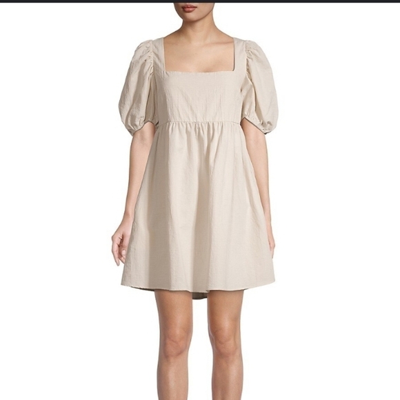 Jacquie the Label Beige Puff Sleeve Mini Babydoll Dress Medium - Picture 2 of 6